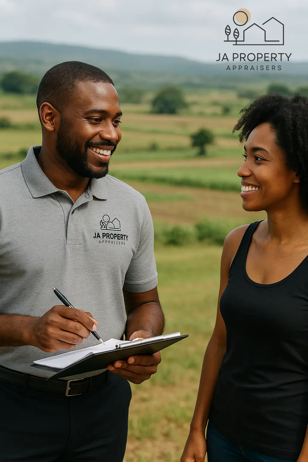 Property valuation surveyor speaking with a female farmer on a farm