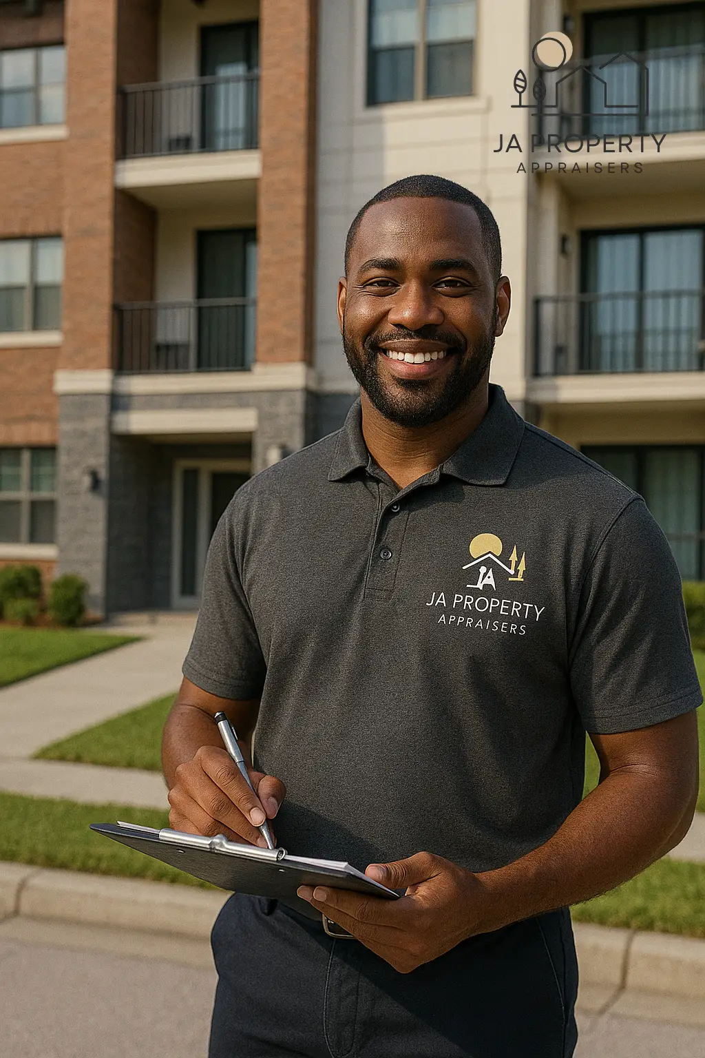 Appraiser standing in front of an apartment complex