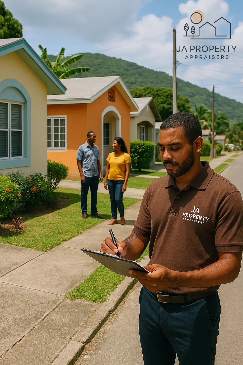 JA Property Appraiser staff doing a valuation of a house on a street with houses in the background with a couple standing by the house.